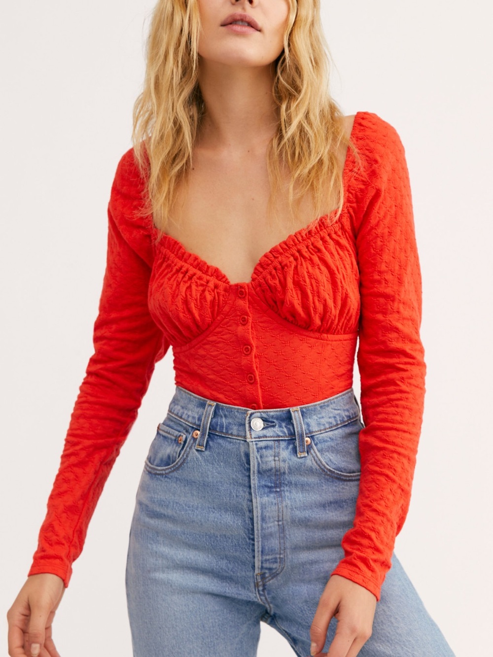 Free People Red Long-Sleeve Square Neck Crop Top large